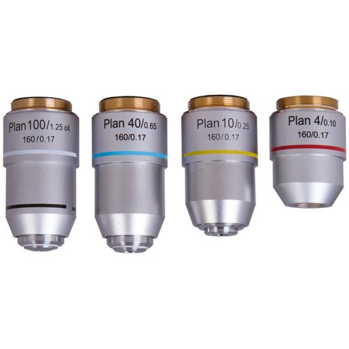 Набор планахроматических объективов Levenhuk MED 900 4x, 10x, 40xs, 100xs (масляный), фото 