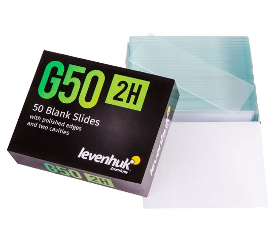 Стекла предметные с двумя лунками Levenhuk G50 2H, 50 шт., фото , изображение 2